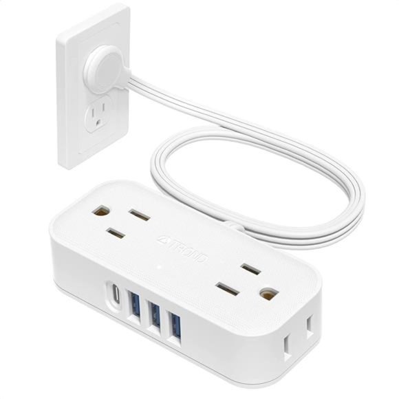 Ultra Flat Plug Power Strip - 5ft Flat Extension Cord, 4 Widely AC Outlet, 4 USB - Picture 1 of 6